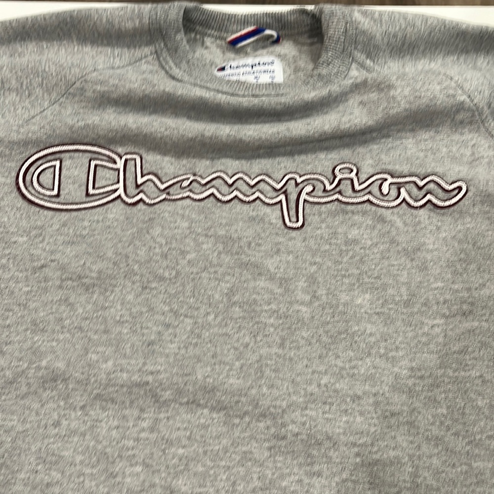 Grey Champion Sweatshirt with Red/White Stripes on Sleeve